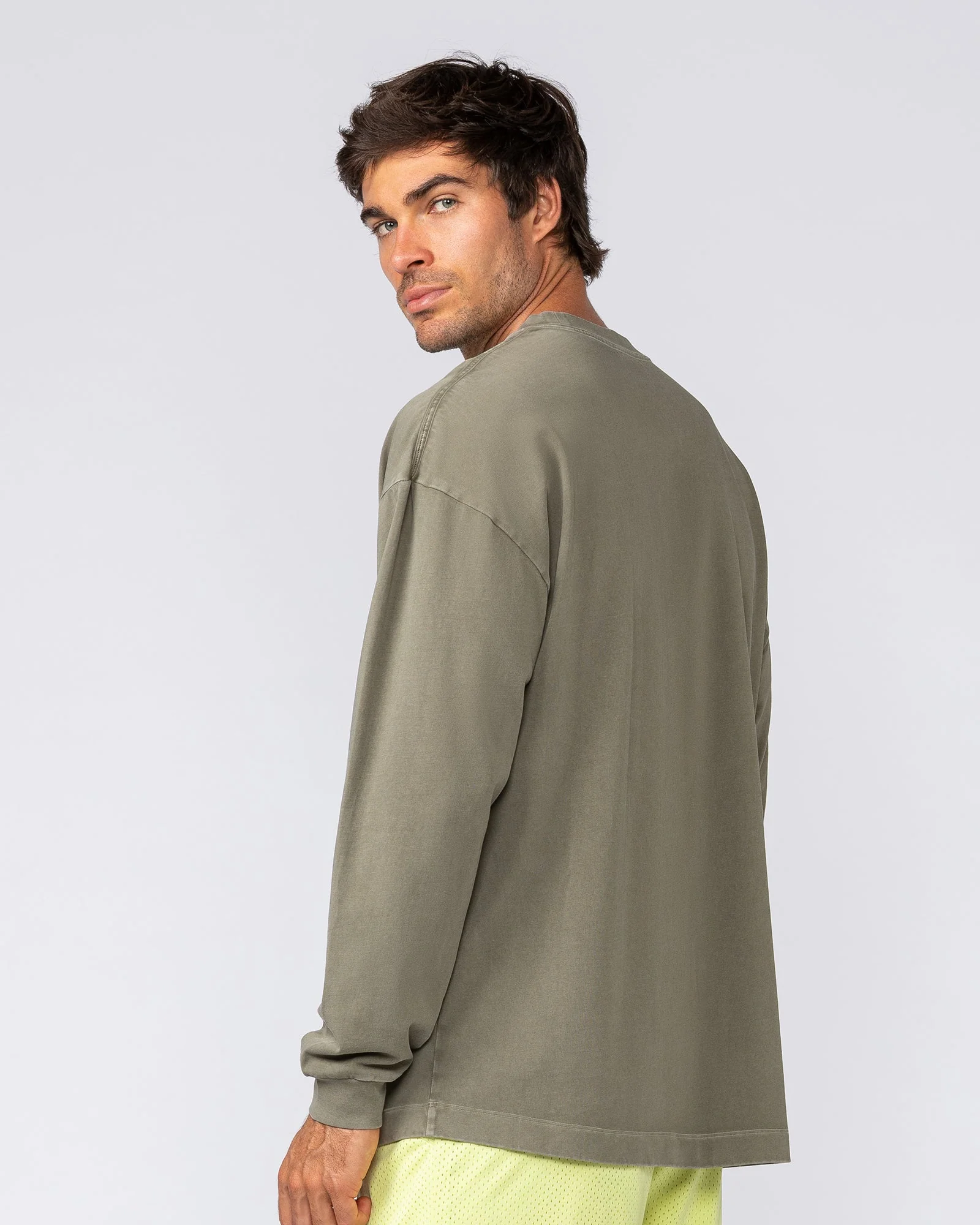 Alpha Oversized Mens Long Sleeve - Washed Dark Khaki - Image 3