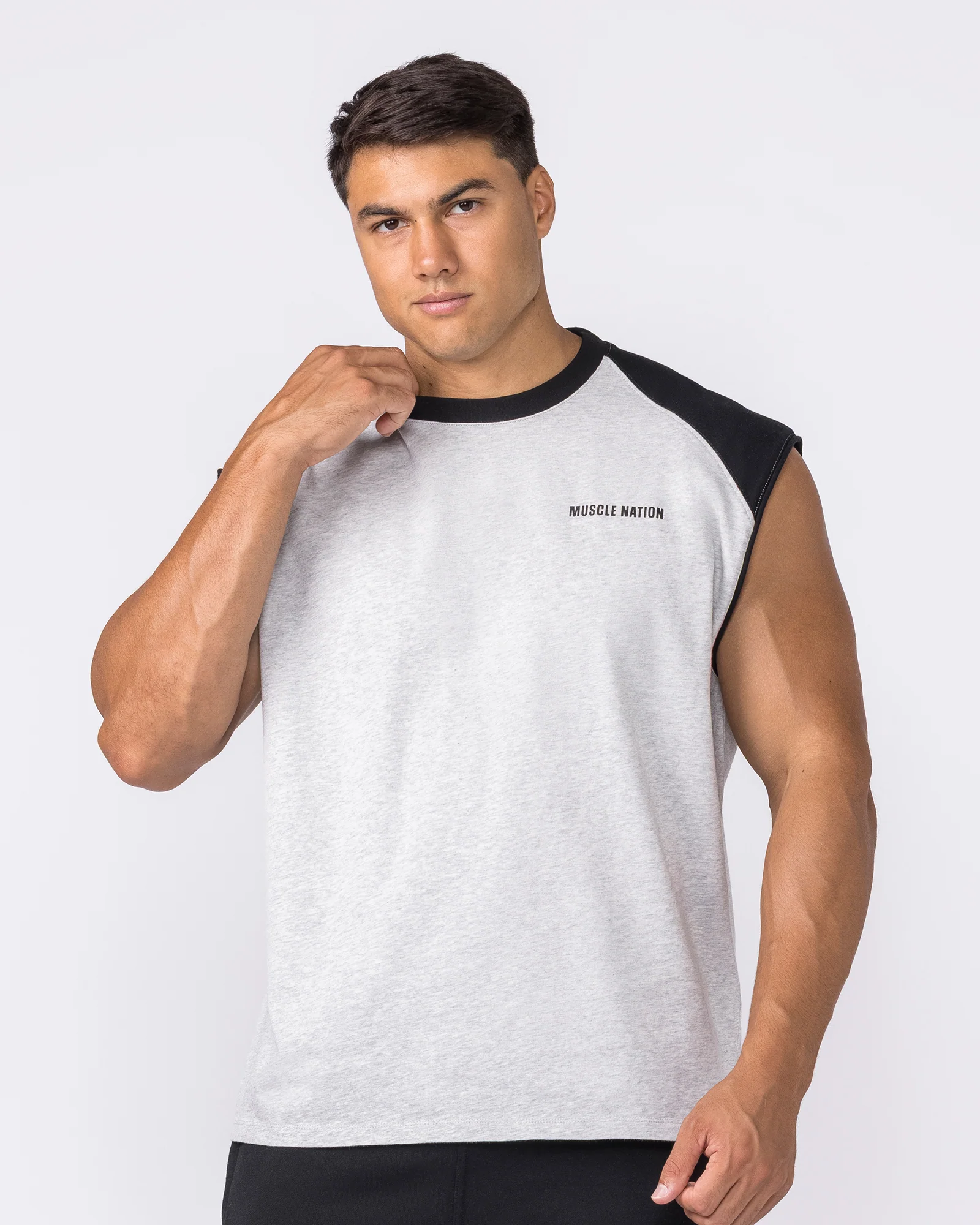 Essential Raglan Boxy Muscle Tank - Grey Marl / Black