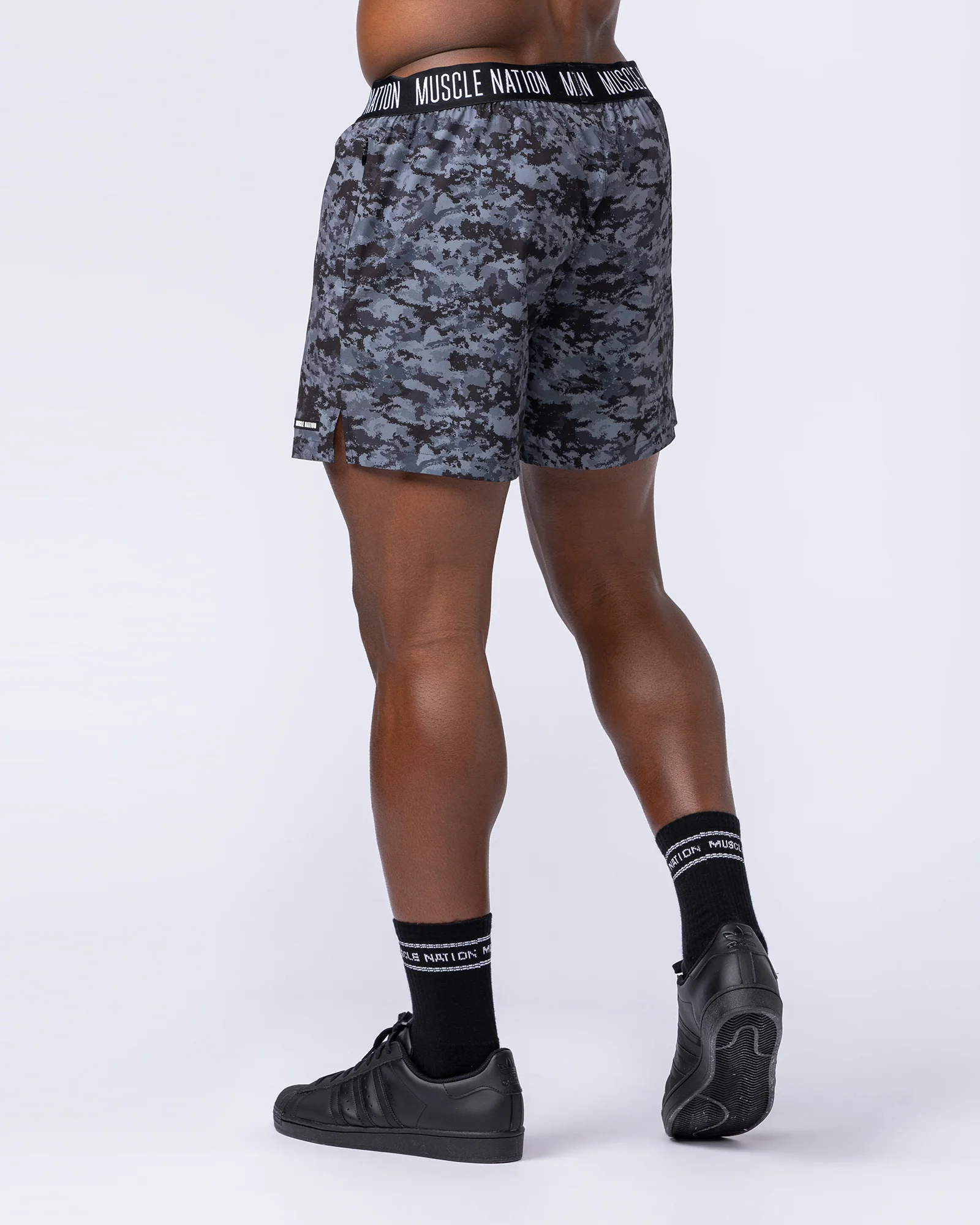Level Up Training 4" Shorts - Grey/Black Distressed Print - Image 4