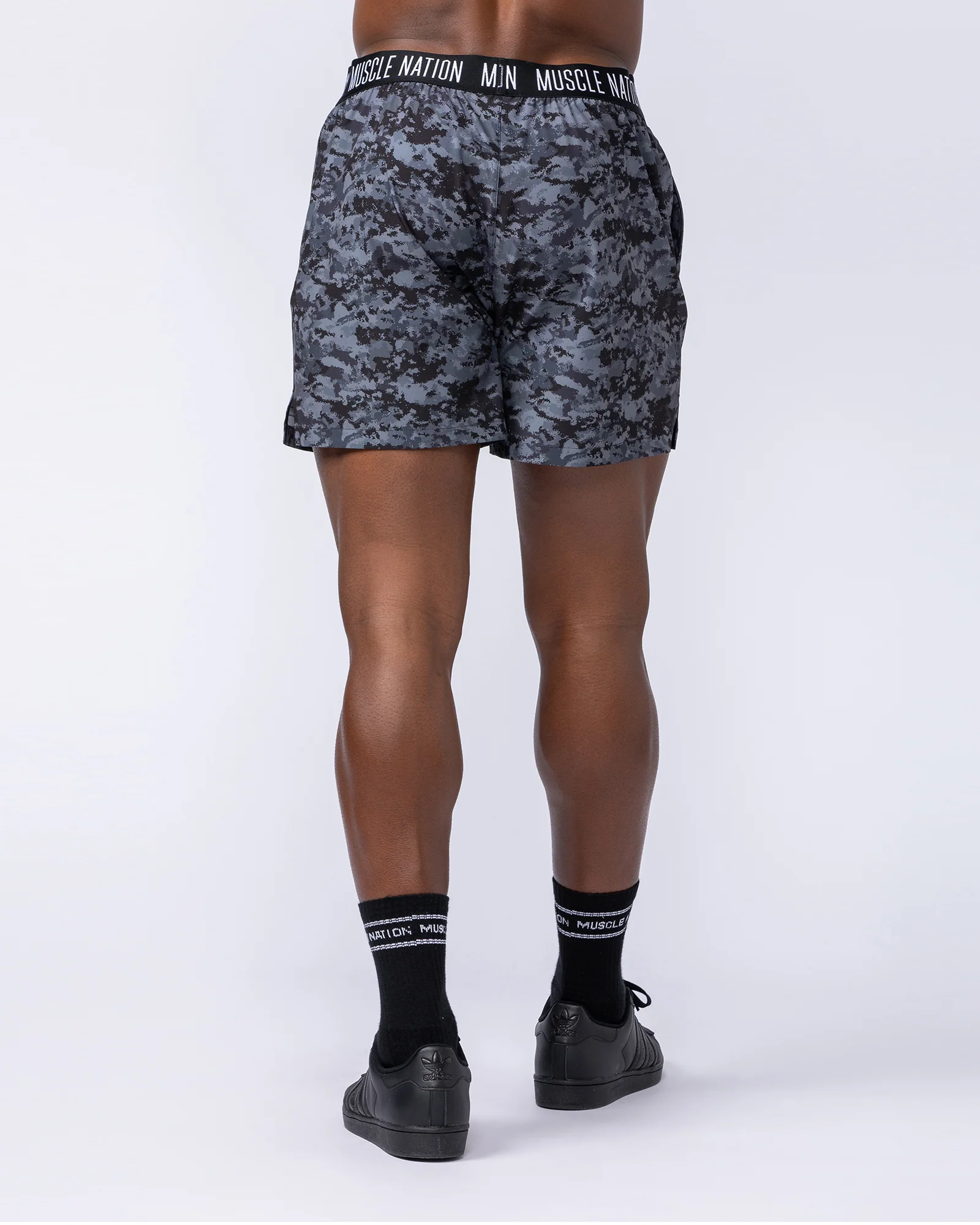 Level Up Training 4" Shorts - Grey/Black Distressed Print - Image 5