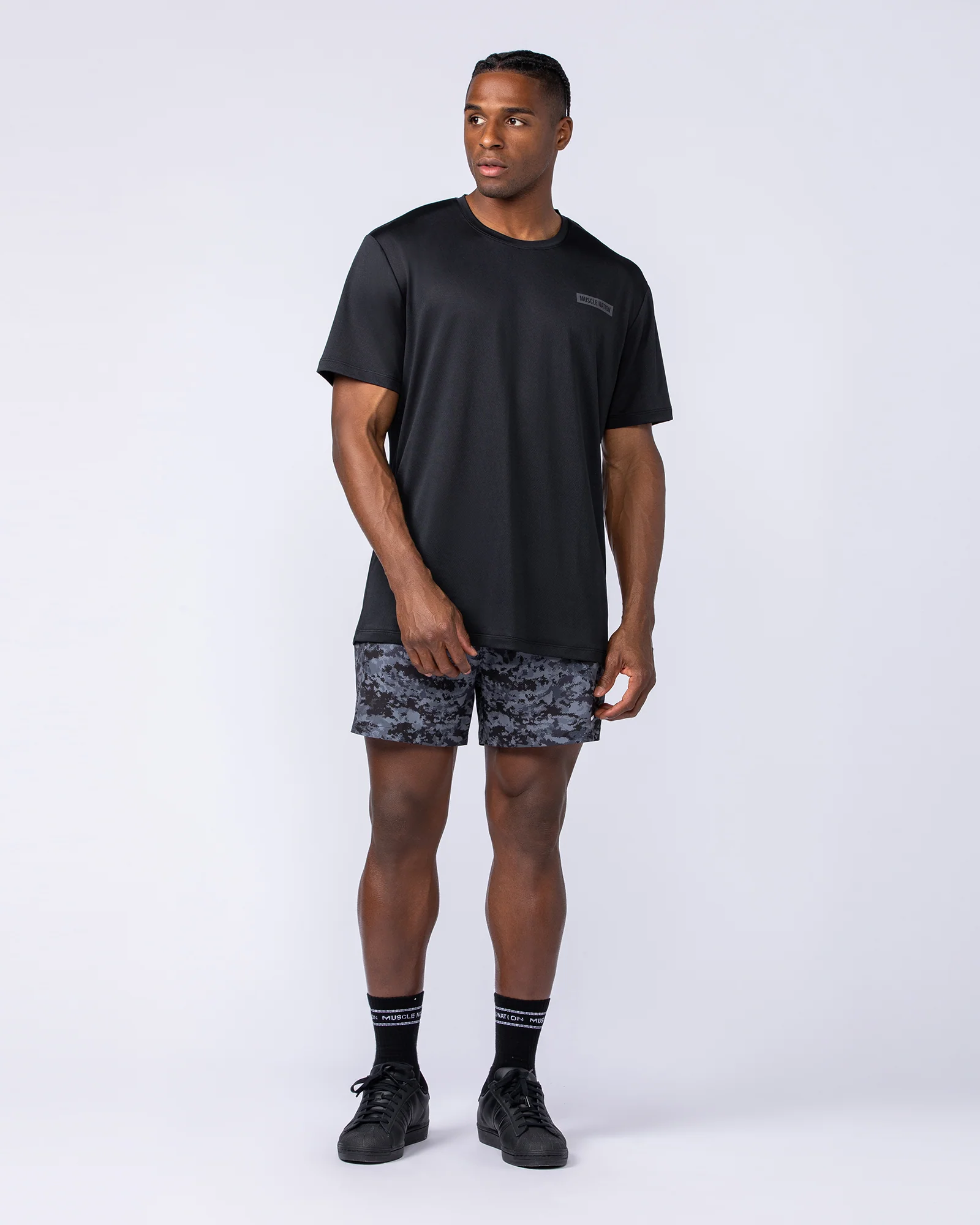 Level Up Training 4" Shorts - Grey/Black Distressed Print - Image 6