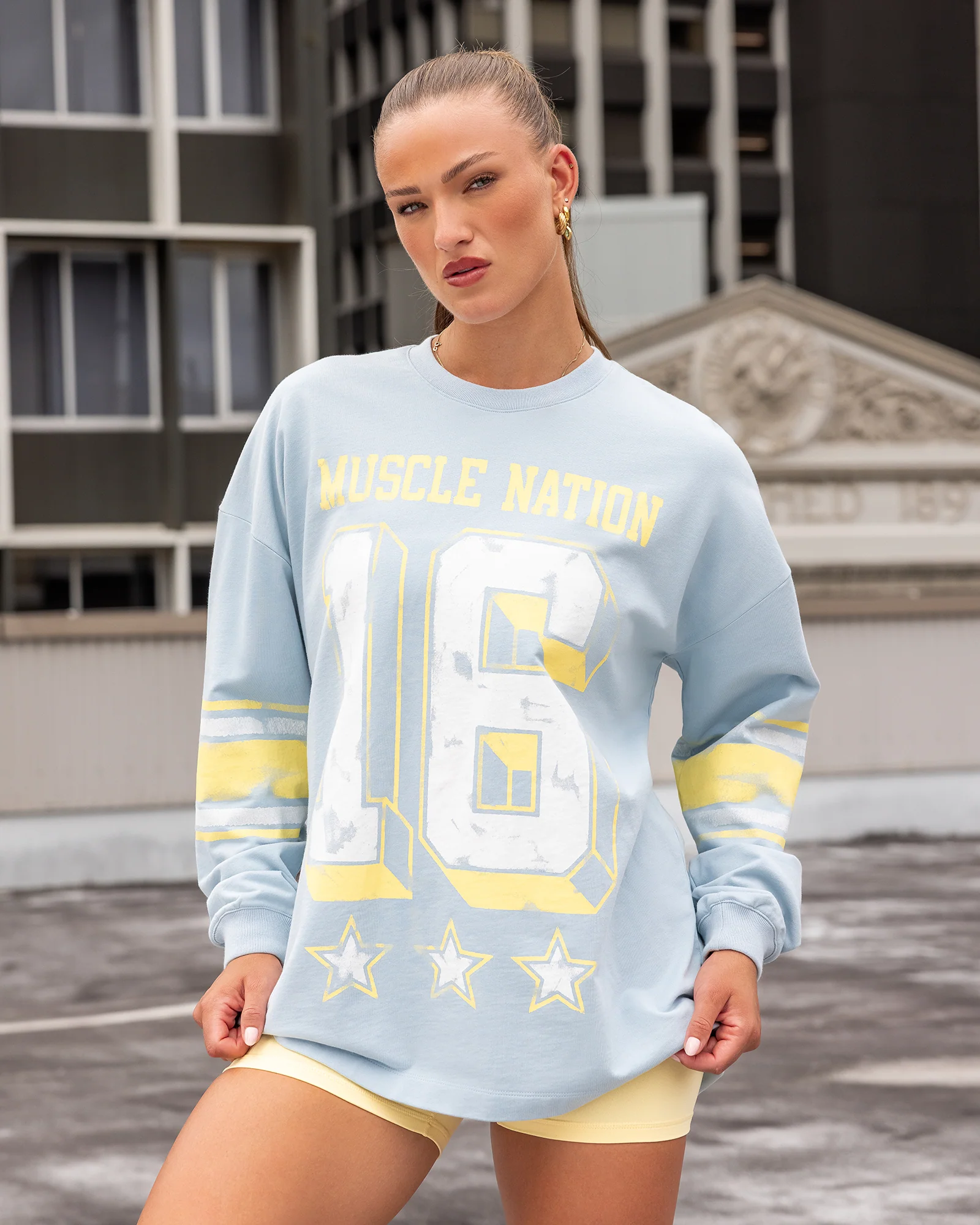 Numero Loopback Oversized Long Sleeve Top - Blue Bell