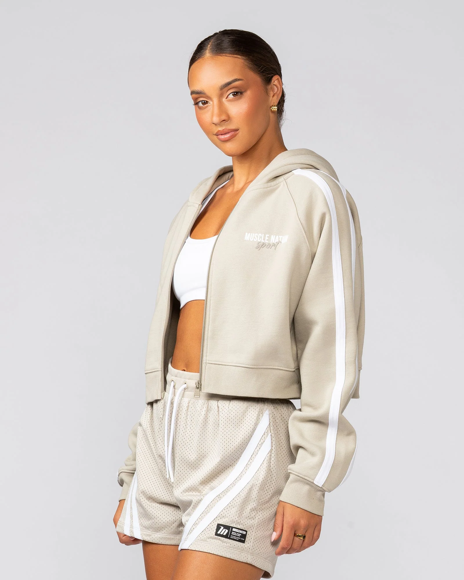 Recoup Cropped Zip Up Hoodie - Stone - Image 3