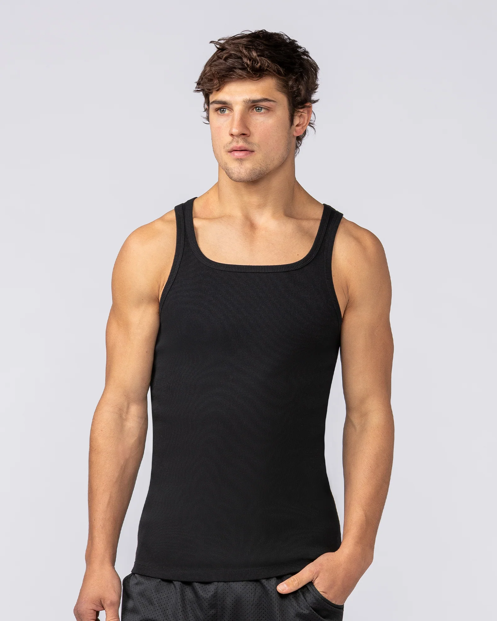 Ribbed Fitted Square Neck Training Tank - Black - Image 2
