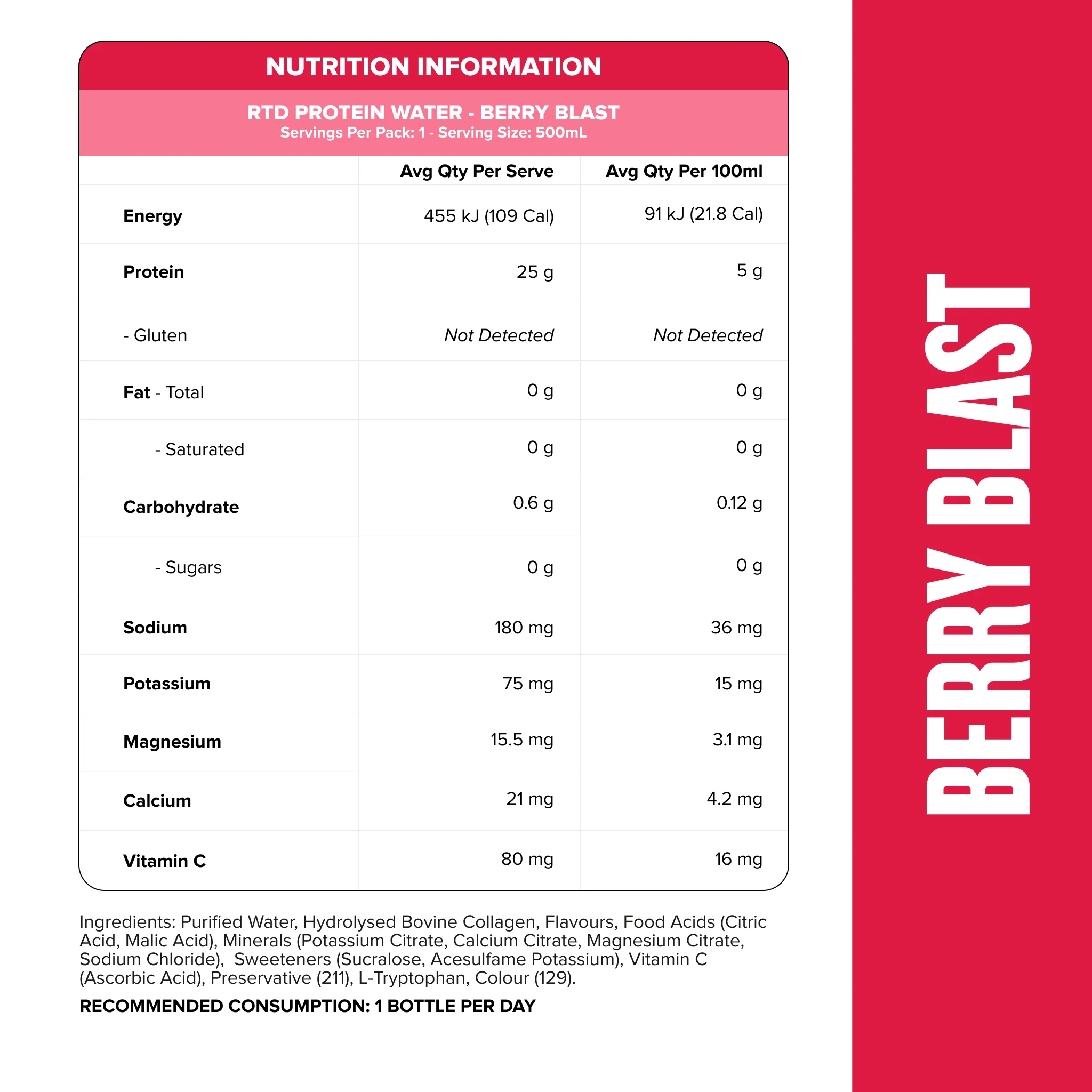 Protein Water RTD - Berry Blast 500ml (12 Pack) - Image 2