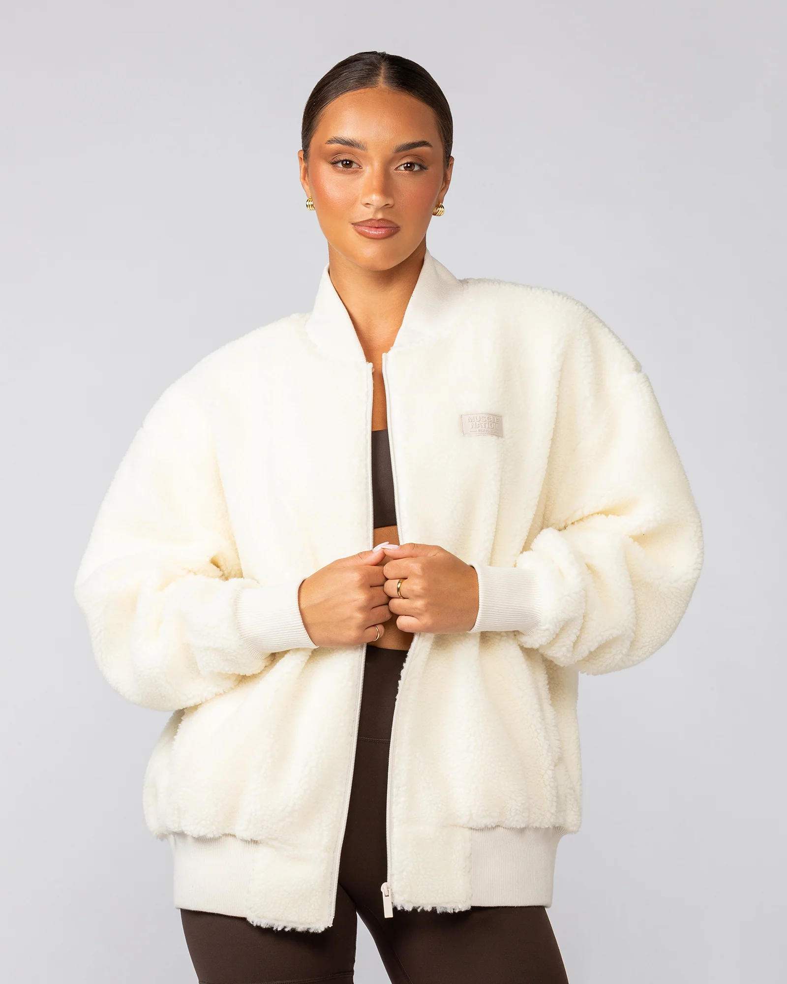 Sherpa Oversized Bomber Jacket - Coconut - Image 3