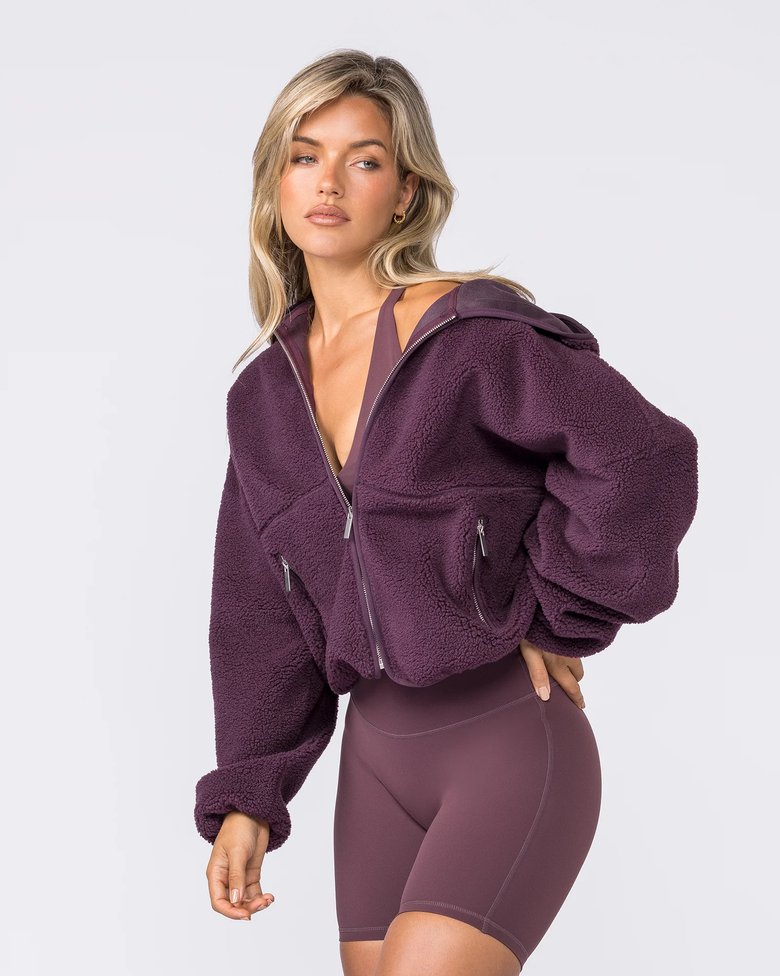 Sherpa Zip Through Hoodie - Dark Cherry - Image 4