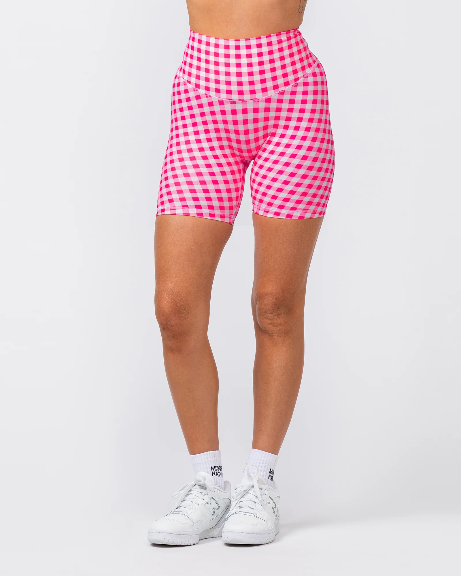 Ultra Aura Bike Shorts - Neon Pink Gingham Print - Image 3
